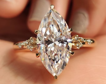 Marquise Cut Moissanite Cluster Engagement Ring with Comfort Fit Setting, Six Claw Prong Setting Wedding Ring, Handmade Ring for Anniversary