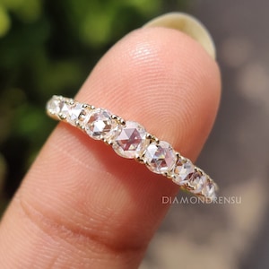 Rose Cut Moissanite Half Eternity Wedding Band, Flat Cut Diamond Ring, Matching Stackable Band, Wedding Ring for Women, Anniversary Gifts