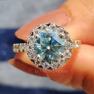 Round Cyan Blue Moissanite Halo Engagement Ring with Pave Setting, Heart Prong Set Halo Wedding Ring, Promise Ring for Her, Anniversary Ring