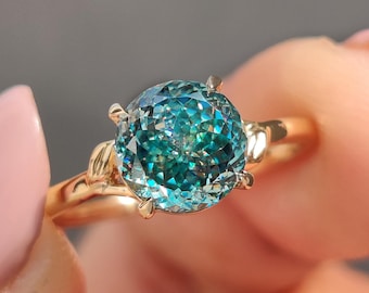 Cyan Blue Portuguese Cut Moissanite Ring, Leaf Design Solitaire Ring, Art Deco Wedding Ring, Four Claw Prongs, Anniversary Ring For Women
