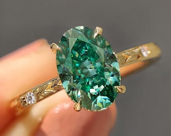 Art Deco Style Oval Moissanite Engagement Ring, Hidden Halo Wedding Ring for Her, Green Moissanite Promise Ring, Anniversary Gifts for Women