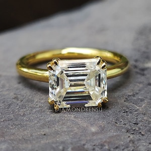 East to West Set Emerald Cut Engagement Ring, Thin Band Solitaire Wedding Band, Promise Ring for Her, Real 14K Yellow Gold, Gift for Her