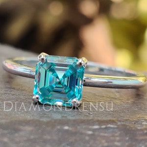 Amazing 1.45 CT Cyan Blue Asscher Moissanite Solitaire Engagement Ring, Dainty Solid White Gold Wedding Ring, Anniversary Gift for Her