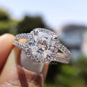 Cushion Moissanite Halo Engagement Ring with Split Shank Setting, Wedding Ring for Her, Anniversary Gifts, Handmade Ring by Diamondrensu