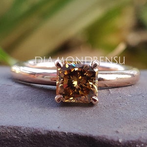 Brown Champagne Color Moissanite Ring | 1.09 CT Radiant Ring | Engagement Ring | Wedding Ring | Rose Gold Ring | Unique Ring | Antique Ring