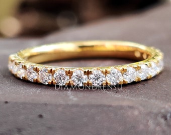 Amazing 1.70 MM Round Colorless Moissanite Half Eternity Band | Wedding Band | Solid Yellow Gold Shared Prong | Comfort Fit Anniversary Band