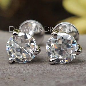 2.04 TW Antique OEC Round Colorless Moissanite Stud Martini Style 14K White Gold Earrings, Old European Cut Moissanite Earrings, Screw Back