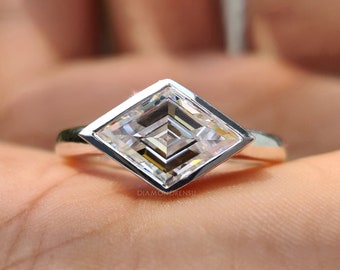 Lozenge Cut Moissanite Engagement Ring, 2.13 CT Bezel Set Solitaire Wedding Ring, Antique Step Cut Moissanite, Anniversary Ring Gift for Her