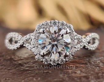 1.13 TCW Round Brilliant Cut Colorless Moissanite Engagement Ring, Twisted Band, Halo Wedding Ring, Anniversary Gift Ring, 10k/14k/18k/ Ring