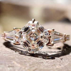 Elegant 3.69 TCW Octavia and Tapered Baguette Colorless Moissanite Ring, Three Stone Ring, Engagement Ring, Hidden Halo Wedding Ring For Her