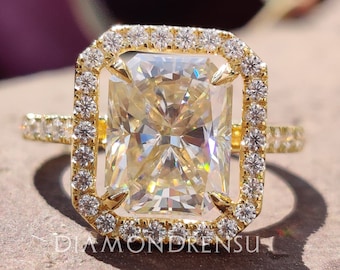 4.27 CTW Radiant Light Yellow Moissanite Ring | Radiant Halo Engagement Ring | Wedding Ring | 14KT Yellow Gold Ring | Pave Setting | Bridal