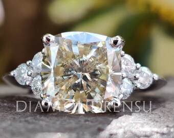 3.54 CT Cushion Light Yellow Moissanite Engagement Ring, Wedding Ring, Knife Edge Solid White Gold Anniversary Ring, Unique Designer Ring