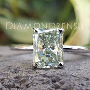 Solitaire Engagement Ring, 2.29 CT Radiant Gray Green Moissanite Ring, 14 KT White Gold, Wedding Ring, Premium Collection, Bespoken Jewelry