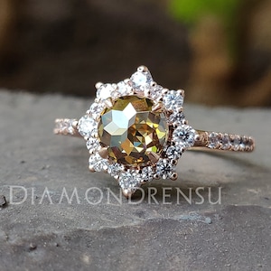 Sun Flower Halo Engagement Ring with 1.32 CT Champagne Round Rose Cut Moissanite | 14KT Solid Rose Gold Ring | Unique Ring | Moissanite Ring