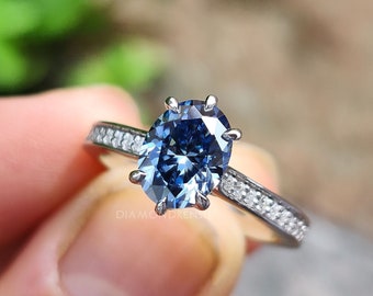 Royal Blue Moissanite Engagement Ring Women's Wedding Ring, Minimalist Engagement Ring Diamond Alternative Ring, White, Yellow, Rose Gold