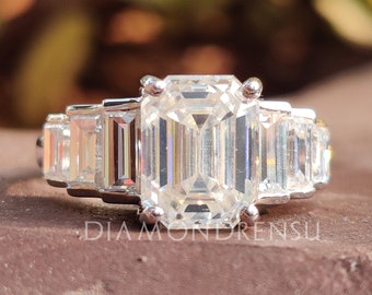 4.13 TCW Emerald Colorless Moissanite Engagement Ring, Emerald and Baguette Moissanite Wedding Ring, Solid White Gold Ring, Anniversary Ring