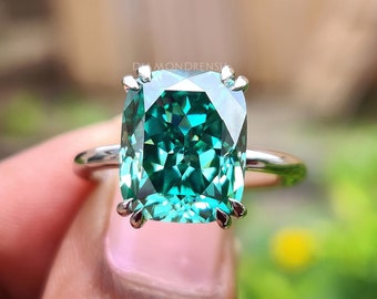 Green Moissanite Engagement Ring for Her, 5 Carat Solitaire Ring, Wedding Ring for Women, Cushion Rensu Cut Moissanite, Anniversary Ring