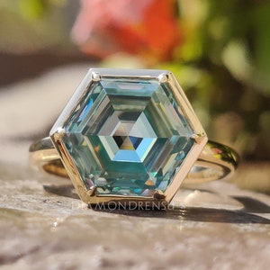 Hexagon Cut Cyan Blue Moissanite Engagement Ring, Solitaire Wedding Ring, Bezel Set Ring, 10K/14K/18K Solid Gold, Promise Ring for Her