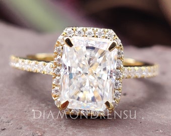 Radiant Cut Moissanite Halo Engagement Ring with Pave Setting, Hidden Halo Wedding Ring for Her, Comfort Fit Anniversary Ring for Women