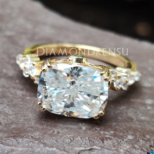 Filigree Style Cushion Moissanite Engagement Ring in East to West Setting, Peekaboo Birthstone Wedding Ring, Anniversary Ring for Women