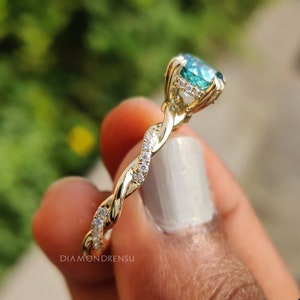 0,50 bis 5,0 CT Portugieser Cyan Blue Moissanite Verlobungsring, versteckter Heiligenschein, Krallen Zinken, gedrehtes Pave Band, Ehering, Jubiläumsgeschenk