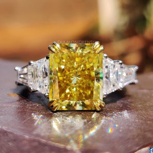 Radiant Cut Canary Yellow Moissanite 5 Stone Ring, Trapezoids and Baguettes Cut Wedding Ring, Engagement Ring for Women, Anniversary Gifts