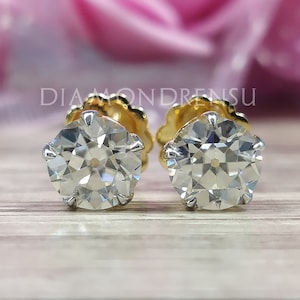 Gold Stud Earrings For Women - Diamondrensu 2 ct Studs - Screw Back Earrings - Old European Cut Moissanite - Anniversary Gifts for Her