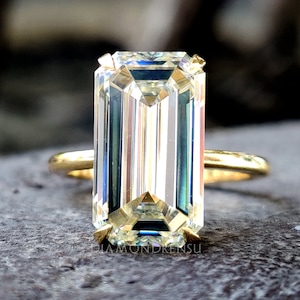 6.33 CT Emerald Cut Light Yellow Moissanite Engagement Ring, Solitaire Ring, Claw Prongs, Yellow/White/Rose Gold Ring, Basket Setting Ring