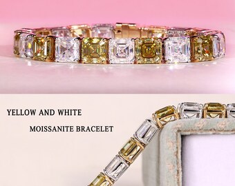 62.50 CT Asscher Cut Moissanite Tennis Bracelet, Yellow - White Moissanite Bracelet, Celebrity Style Bracelet, Moissanite Bracelet for Women