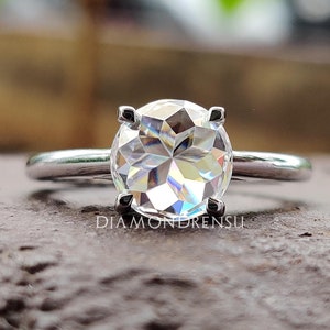 Round Rose Cut Moissanite Solitaire Engagement Ring, Trellis Prong Set Wedding Ring for Her, Anniversary Gift Ring for Women, Handmade Ring