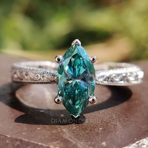 1.28 CT Marquise Cut Cyan Blue Moissanite Engagement Ring, Art Deco Solitaire Wedding Ring, Anniversary Gift, Handmade Ring, Ring for Women