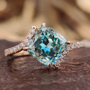 Anello di fidanzamento con moissanite blu ciano taglio Rensu classico da 2,26 TCW, anello con incastonatura a tensione contemporanea, incastonatura bypass, fede nuziale, nuziale