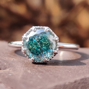 Portuguese Cut Cyan Blue Moissanite Solitaire Ring, Flower Cut Moissanite Engagement Ring, Wedding Ring for Her, Anniversary Ring for Women