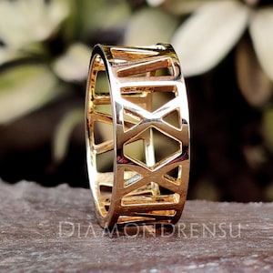 Custom Roman Numeral Wedding Date Band, Personalized Band, Comfort Fit Band, Solid Yellow Gold Band, Roman Numeral Ring, Engagement Ring Set