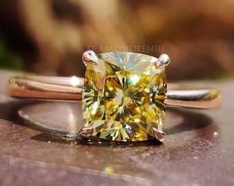 1,80 ct kuddslipad kanariefågelgul moissanit förlovningsring, solitaire vigselring, klostift, ring för kvinnor, handgjord ring, presentring