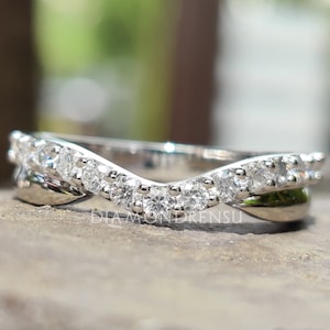 2.0 MM Round Brilliant Cut Colorless Moissanite Curved Band, Stackable Band, Solid White Gold Wedding Band, Anniversary Band, Designer Band