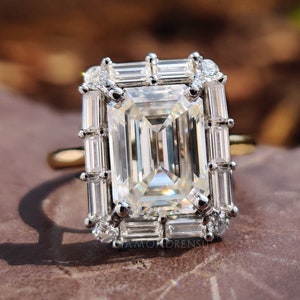 3.31 TW Emerald Cut Colorless Moissanite Engagement Ring, Side Baguette Moissanite, Wedding Ring, Anniversary Gift For Her, Handmade Ring