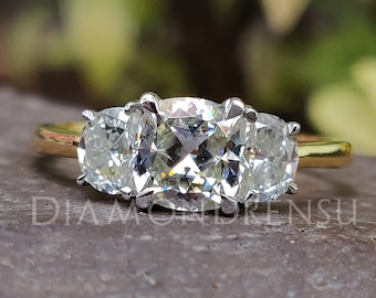 Anillo de moissanita de tres piedras con corte cojín y media luna, anillo de compromiso de moissanita de 1,76 TW con corte cojín y dos tonos, anillo de oro de 14 quilates.