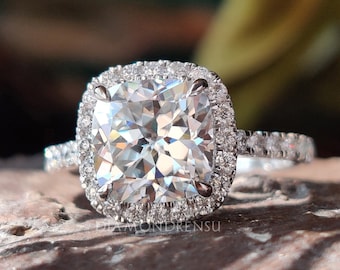 Stunning 2.62 TW Cushion Rensu Cut Colorless Moissanite Halo Engagement Ring, Cathedral PaveWedding Ring, Anniversary Gifts, Designer Ring