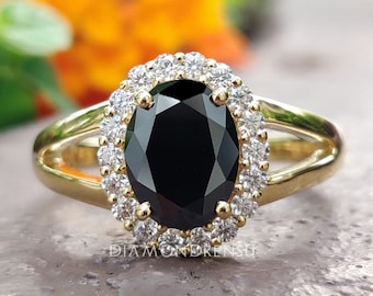 1.93 TCW Oval Black Classic Halo with Split Shank Moissanite Engagement Ring, Wedding Ring, 14K Solid Yellow Gold Ring, Anniversary Ring
