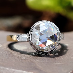3 Stone Round Rose Cut Vintage Engagement Ring, Round Rose Cut and Bullet Cut Moissanite Ring, Three Stone Wedding Ring, Anniversary Gifts