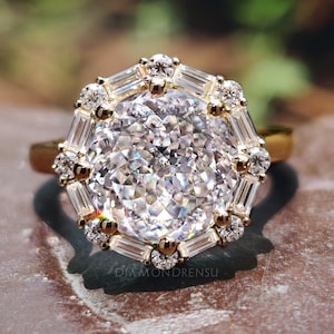 Vintage Style Engagement Ring, 3.72 TCW Portuguese Cut Moissanite Ring, Baguette and Round Halo Ring, Wedding Ring, Anniversary Gift For Her