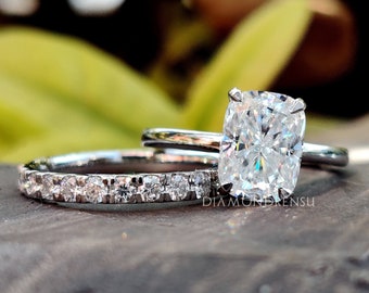 2.36 TCW Cushion and Round Colorless Moissanite Bridal Set, Hidden Halo Engagement Ring, Wedding Band, 10k/14k/18k Solid Gold Wedding Set