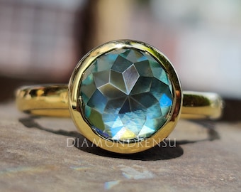 2.00 CT Rose cut Aqua Blue Moissanite | Bezel Set Ring | Flat Ring | Engagement Ring | Comfortable Ring | Solid Yellow Gold Ring