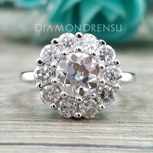 Vintage Cluster Ring: Old European Cut Moissanite Engagement Ring in White Gold, 2.50 Carat Victorian Ring