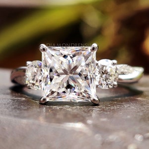 2.17 CT Princess Cut Colorless Moissanite Ring, Three Stone Engagement Ring, Unique Designed Ring, Anniversary Gift, Princess Ring for Her