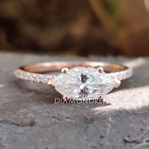 Marquise Colorless Moissanite East to West Engagement Ring, Classic Petite Pave Wedding Ring, Anniversary Gift Ring, Handmade Ring for Women