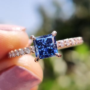 Dainty 1 Carat Princess Cut Moissanite Engagement Ring with Pave Setting, Dark Blue Moissanite Wedding Ring, Minimalist Promise Ring for Her