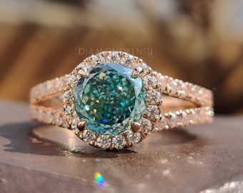 Cyan Blue Portuguese Cut Moissanite Ring - Rose Gold Halo Engagement Ring with Split Shank and Round Brilliant Side Stones