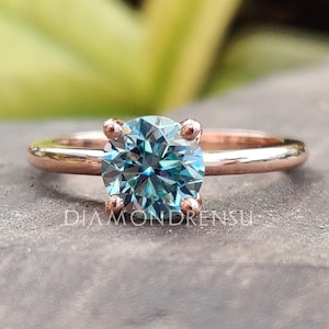 Round Cyan Blue Moissanite Solitaire Wedding Ring for Her, Engagement Ring for Women, Anniversary Gifts, Handmade Ring by Diamondrensu